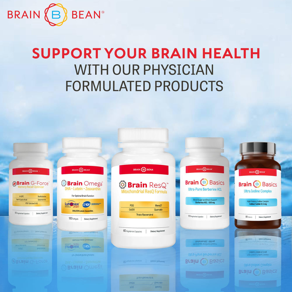 Brain Bean ResQ capsules laid out to show dosage and ingredients for daily use.