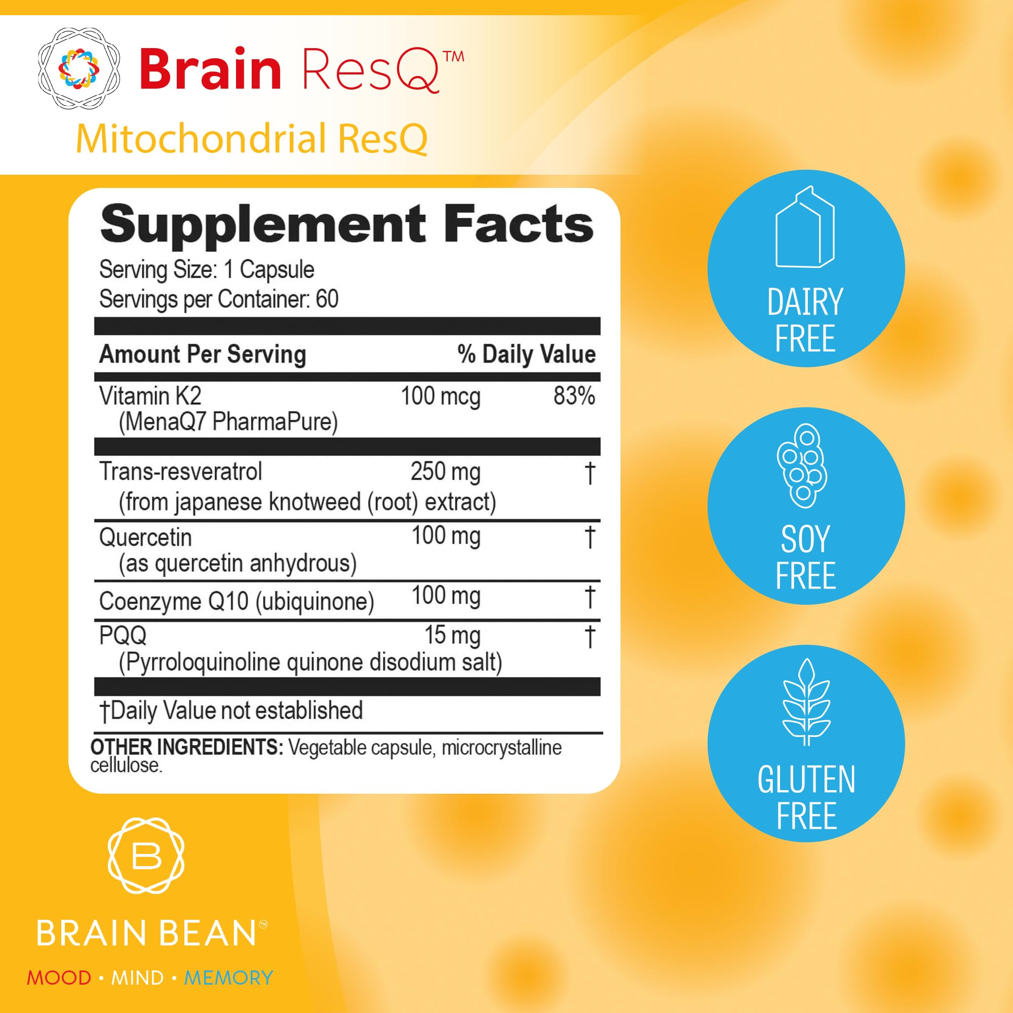 Brain Bean ResQ bottle front showing label and 60 capsules for daily use.