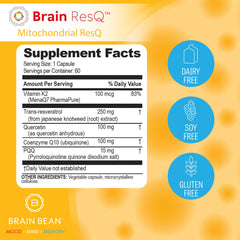 Brain Bean ResQ bottle front showing label and 60 capsules for daily use.