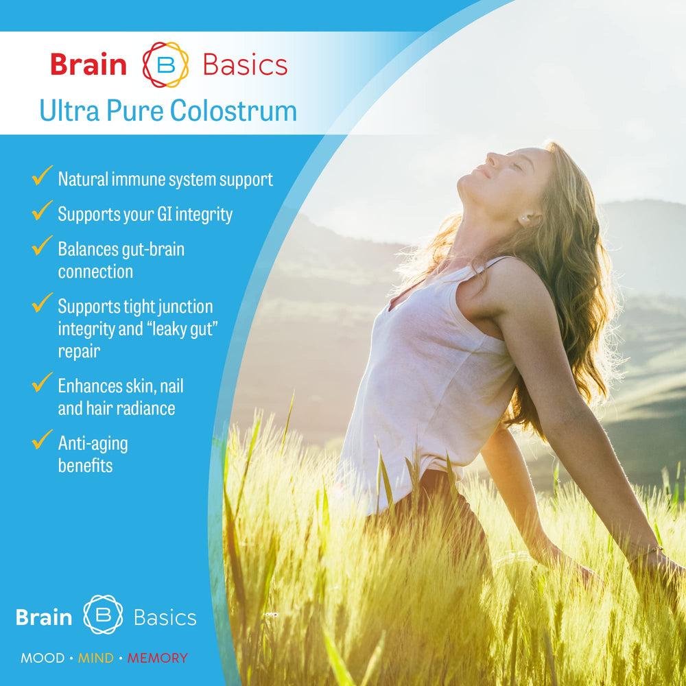 Brain Bean Colostrum tub and label close-up, highlighting 4000 mg per serving.