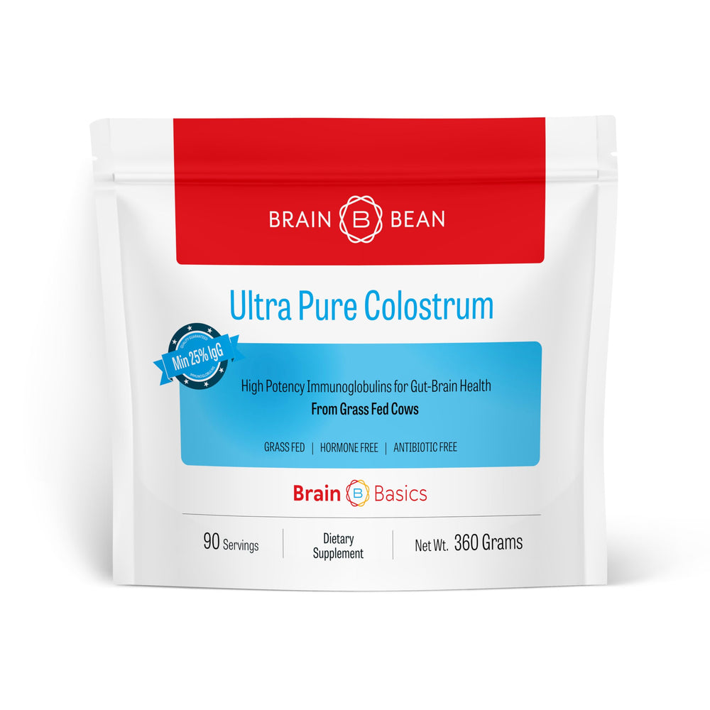 Brain Bean Colostrum powder tub close-up, a convenient daily supplement for gut and immune balance.