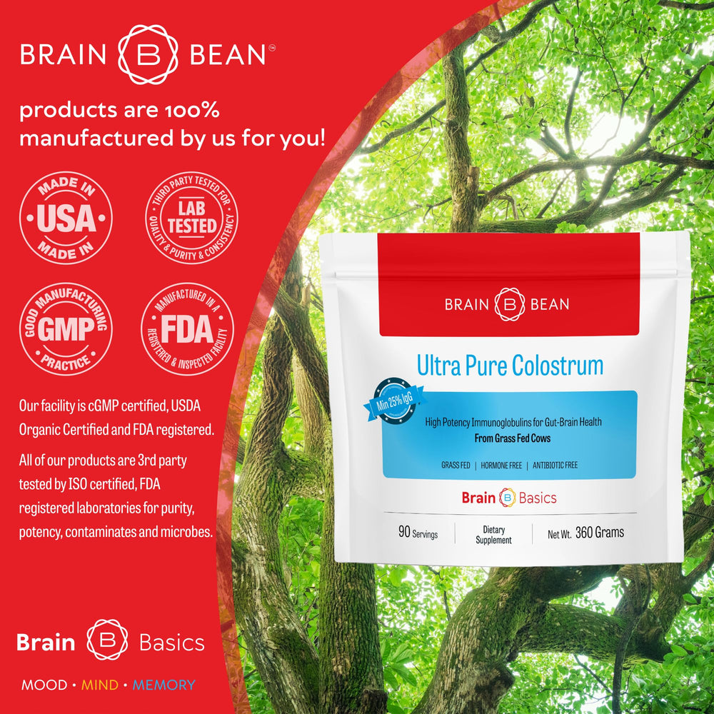 Brain Bean Colostrum being stirred into smoothie, showcasing quick mixability.