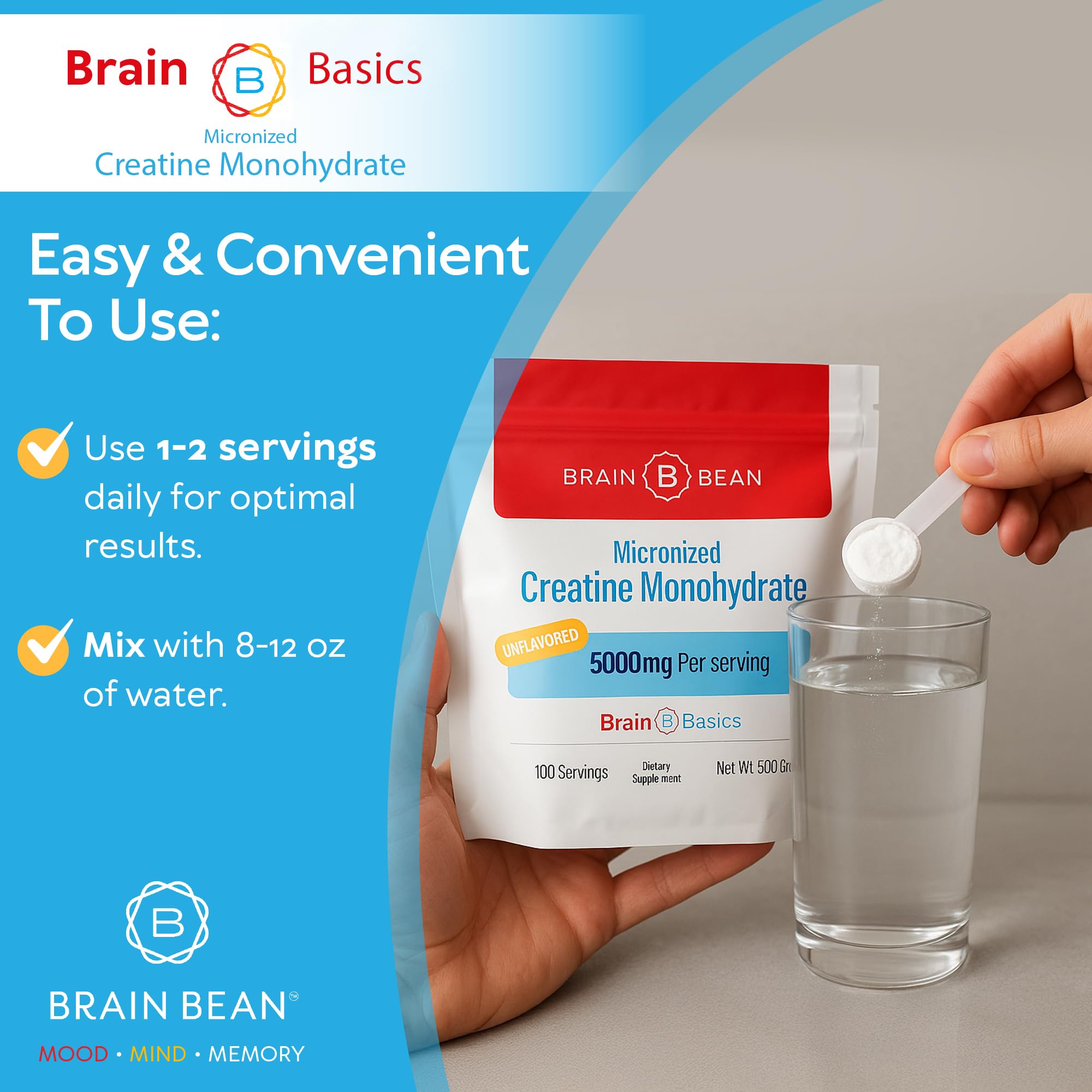 Brain Bean creatine near Made in USA badge signals quality