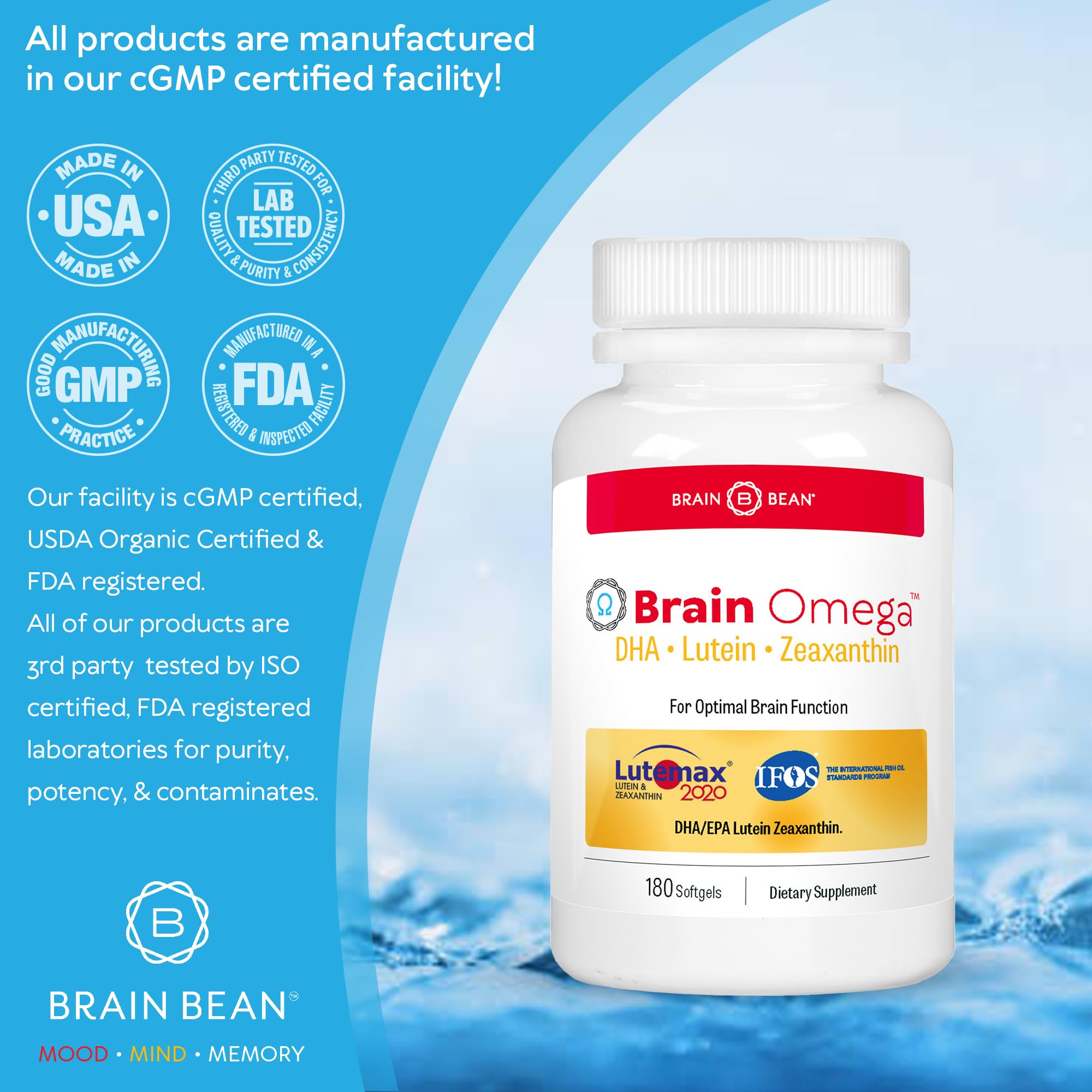 Brain Bean DHA Omega-3 softgel pills for everyday cognitive and visual wellness.
