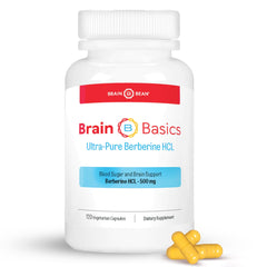 Brain Bean Ultra bottle close-up highlighting premium berberine for energy balance support.