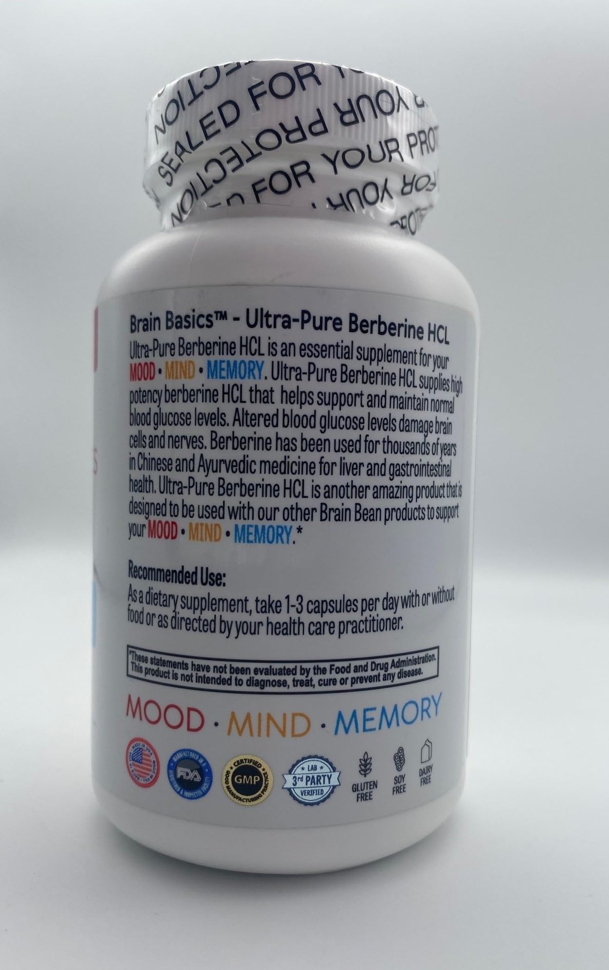 Brain Bean Ultra bottle conveys energy and focus for busy days.