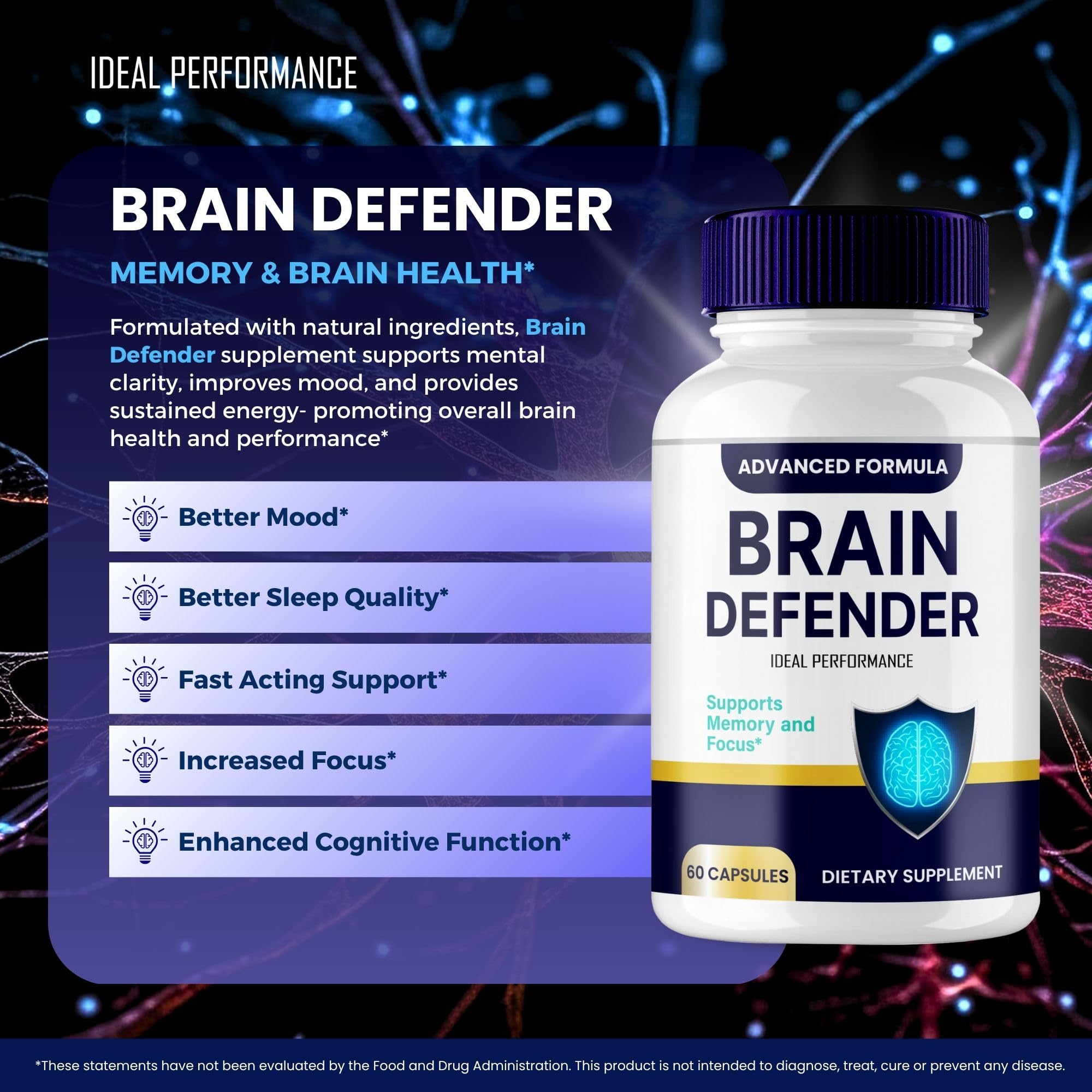 Brain Defender packaging on a countertop ready for daily use.