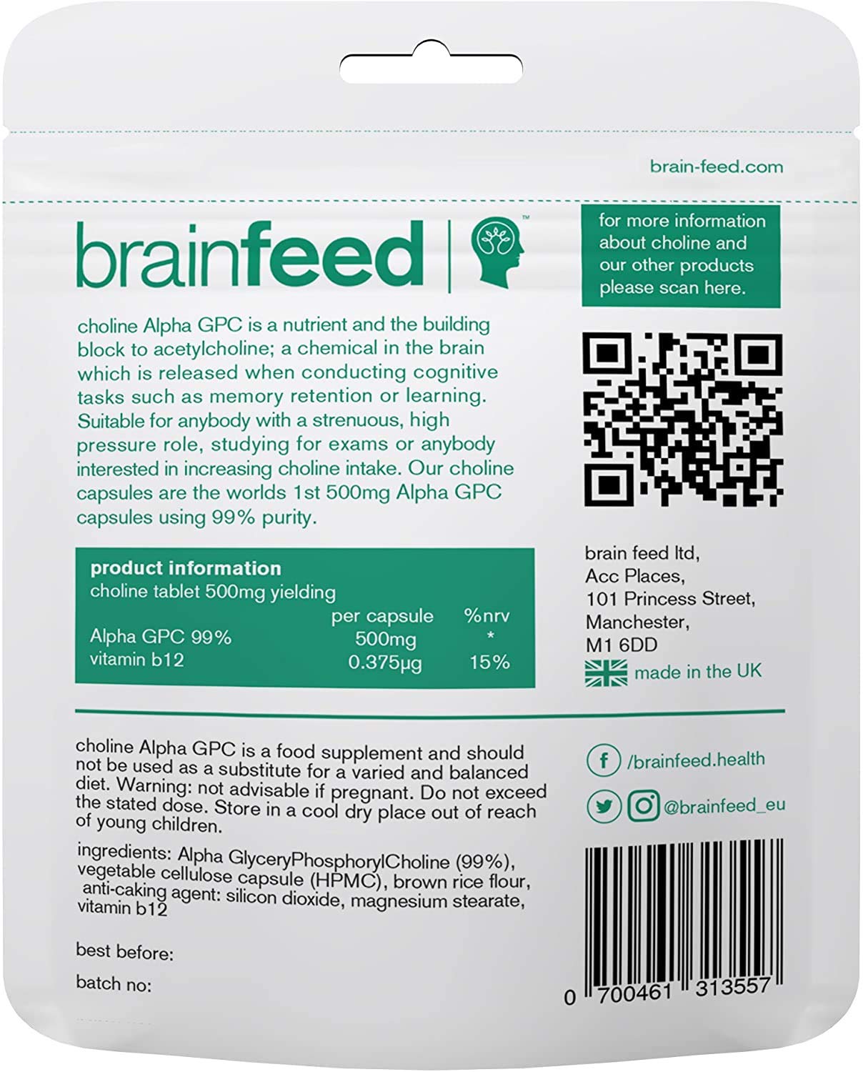 Brain Feed back-label highlights ingredients and usage for informed decisions.