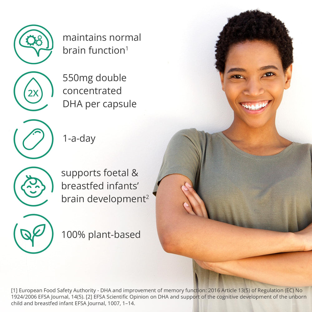 Brain Feed DHA capsule close-up showing 550mg DHA per capsule
