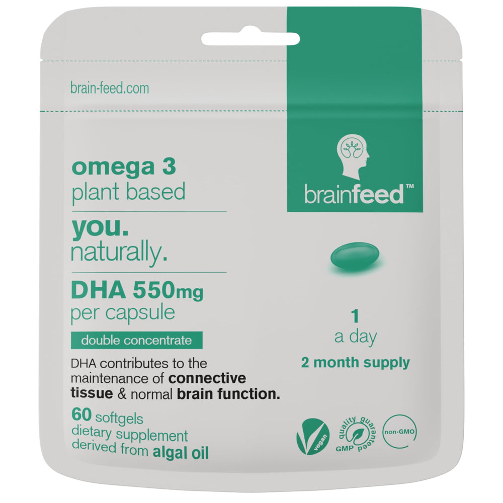 Brain Feed DHA double-concentrate bottle with capsules for daily plant-based omega-3 support