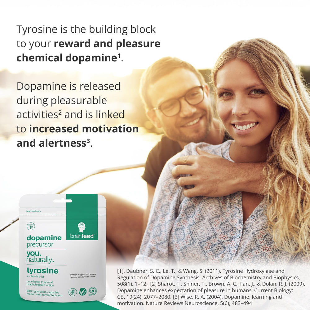 Brain Feed fermented tyrosine ingredient emphasizes natural production and purity.