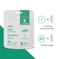 Brain Feed Theanine with GABA graphic highlights relaxation support.