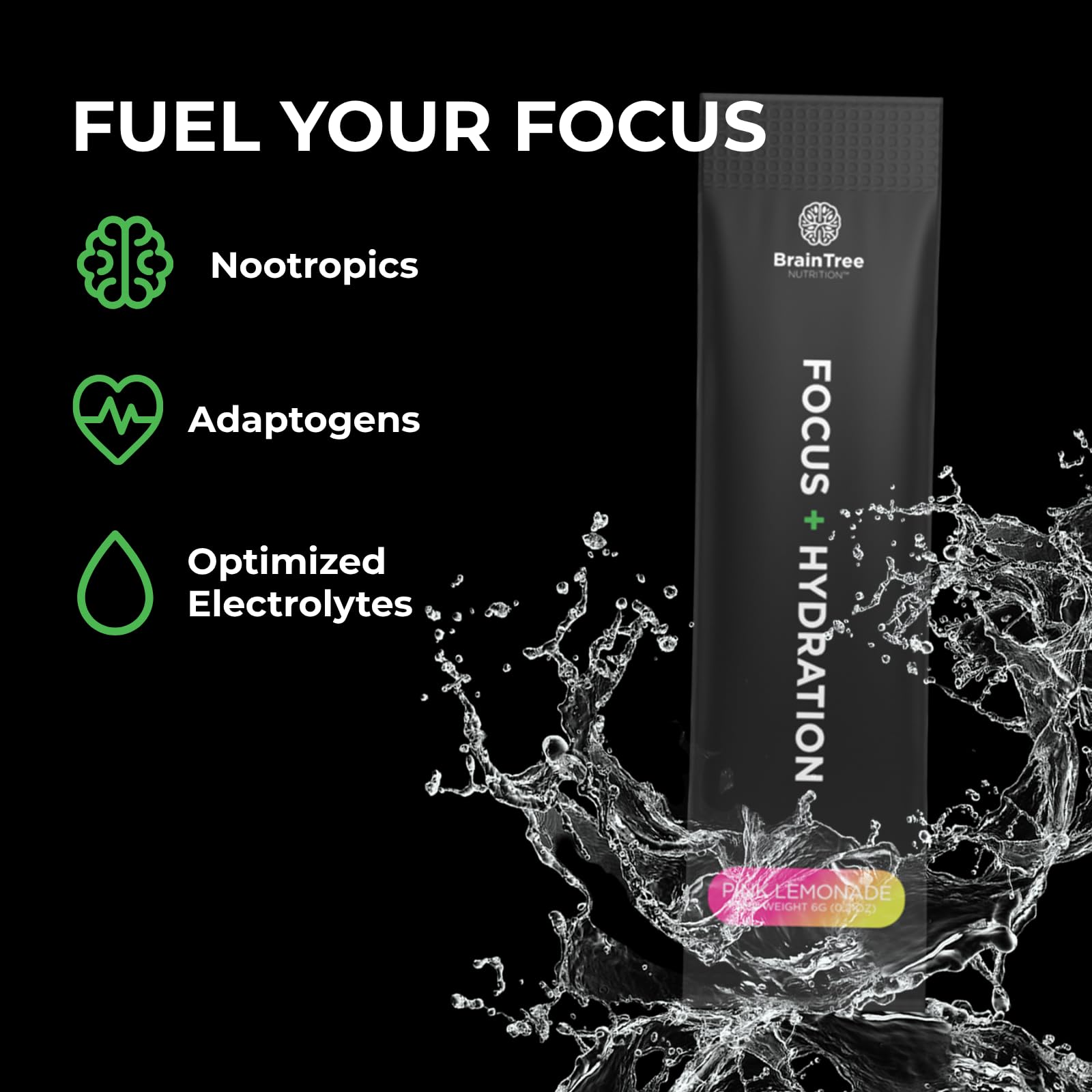 BrainTree Focus + Hydration pink lemonade in glass boosts flavor without sugar.