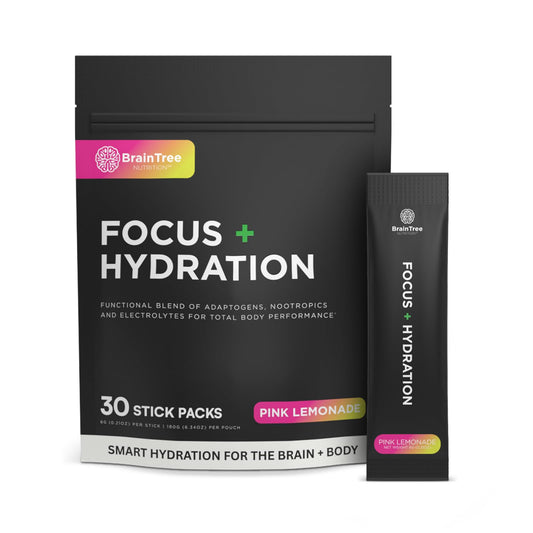 BrainTree Nutrition Focus + Hydration pink lemonade package for total body hydration.