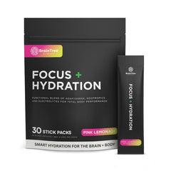 BrainTree Nutrition Focus + Hydration pink lemonade package for total body hydration.
