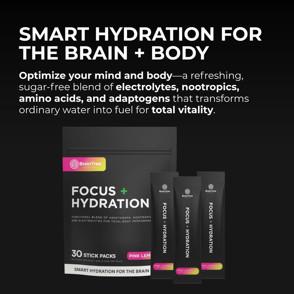 Pour BrainTree Focus + Hydration into water for a refreshing drink.