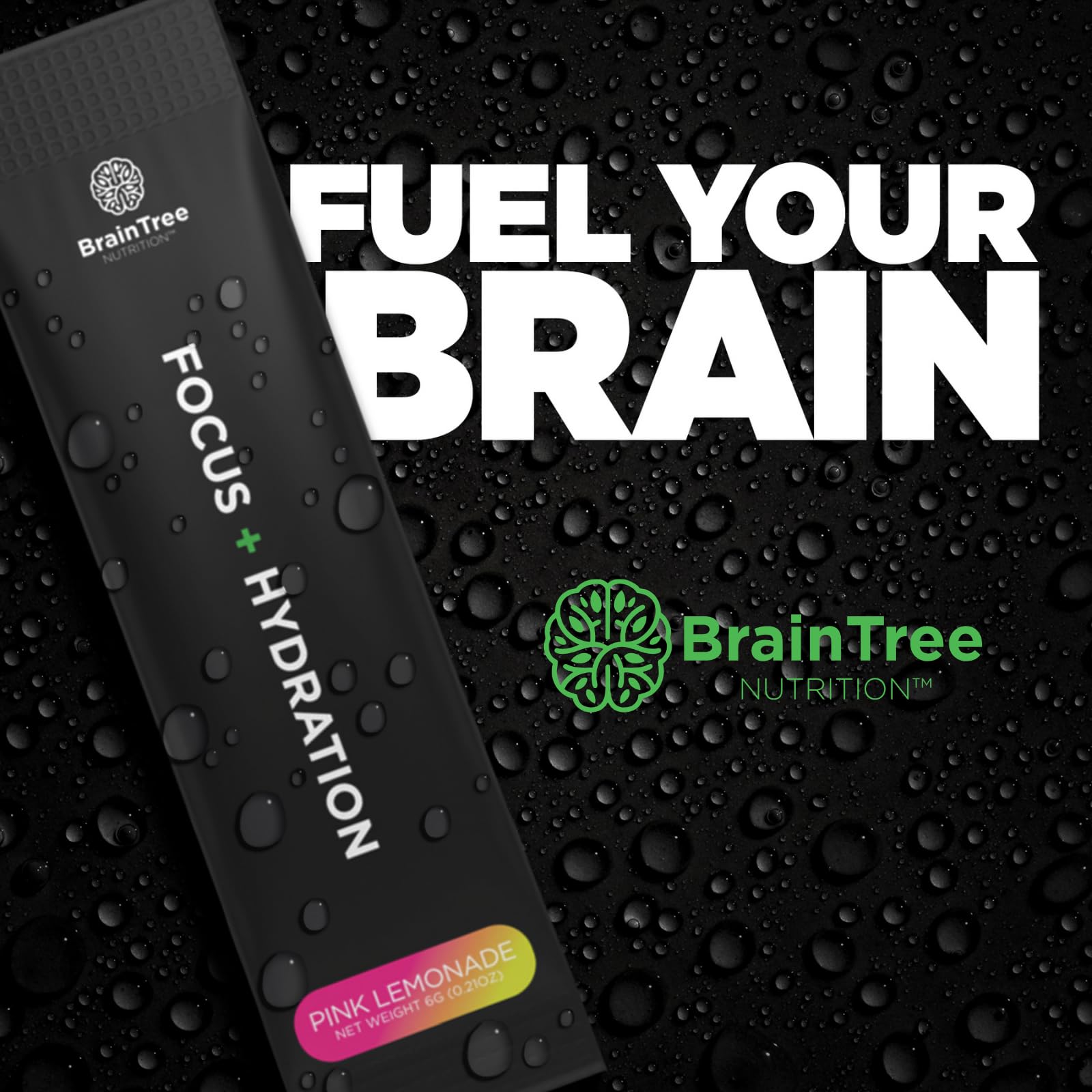 BrainTree Focus + Hydration zero sugar label for health-conscious athletes.