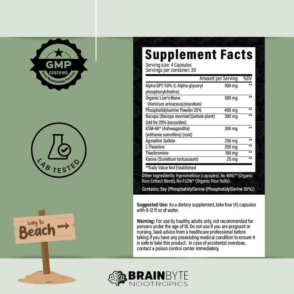 BrainByte Nootropics All-in-One bottle back label lists nootropic blend for focused daytime use.