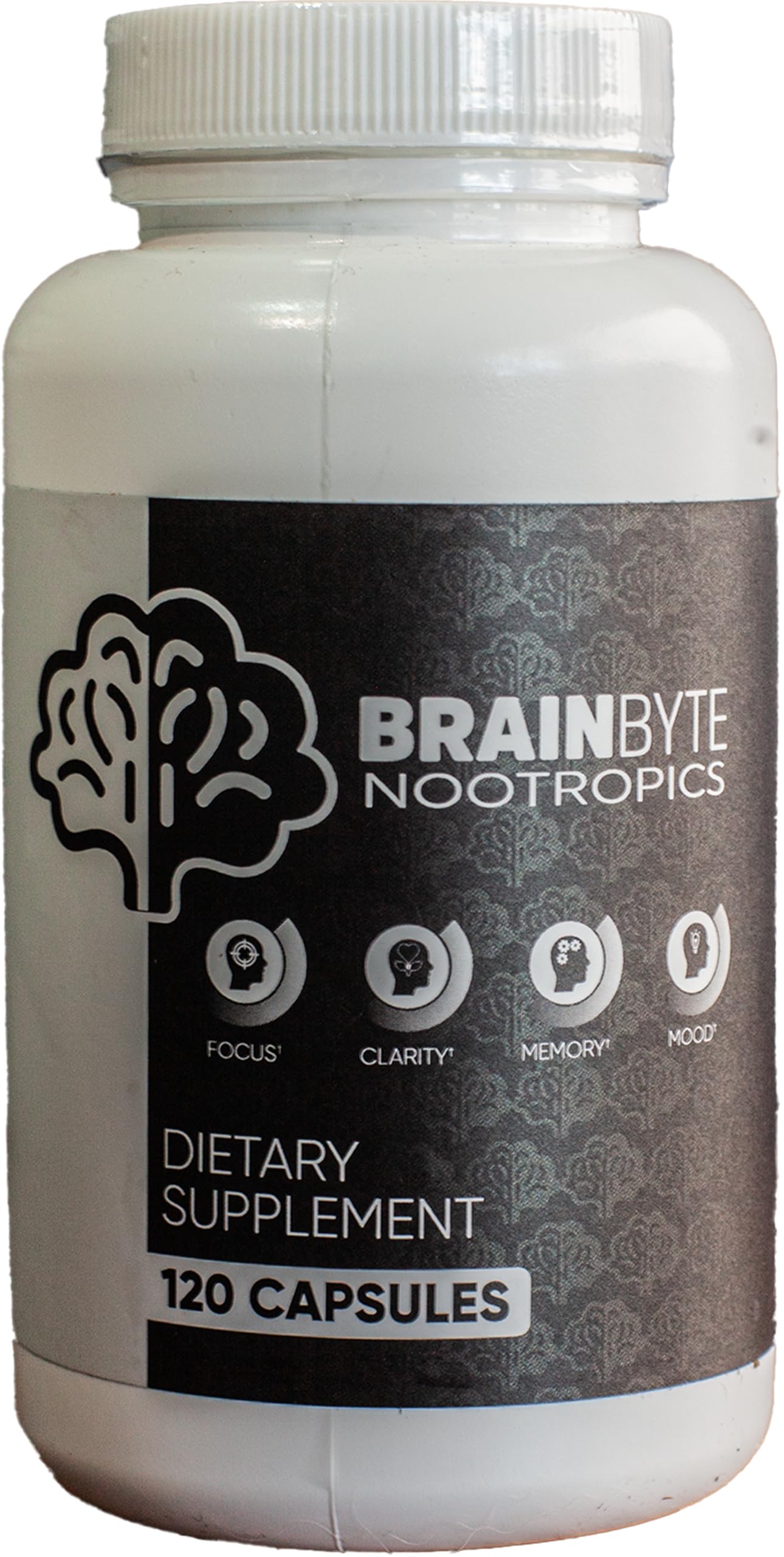 BrainByte Nootropics All-in-One bottle front view shows caffeine-free focus potential.