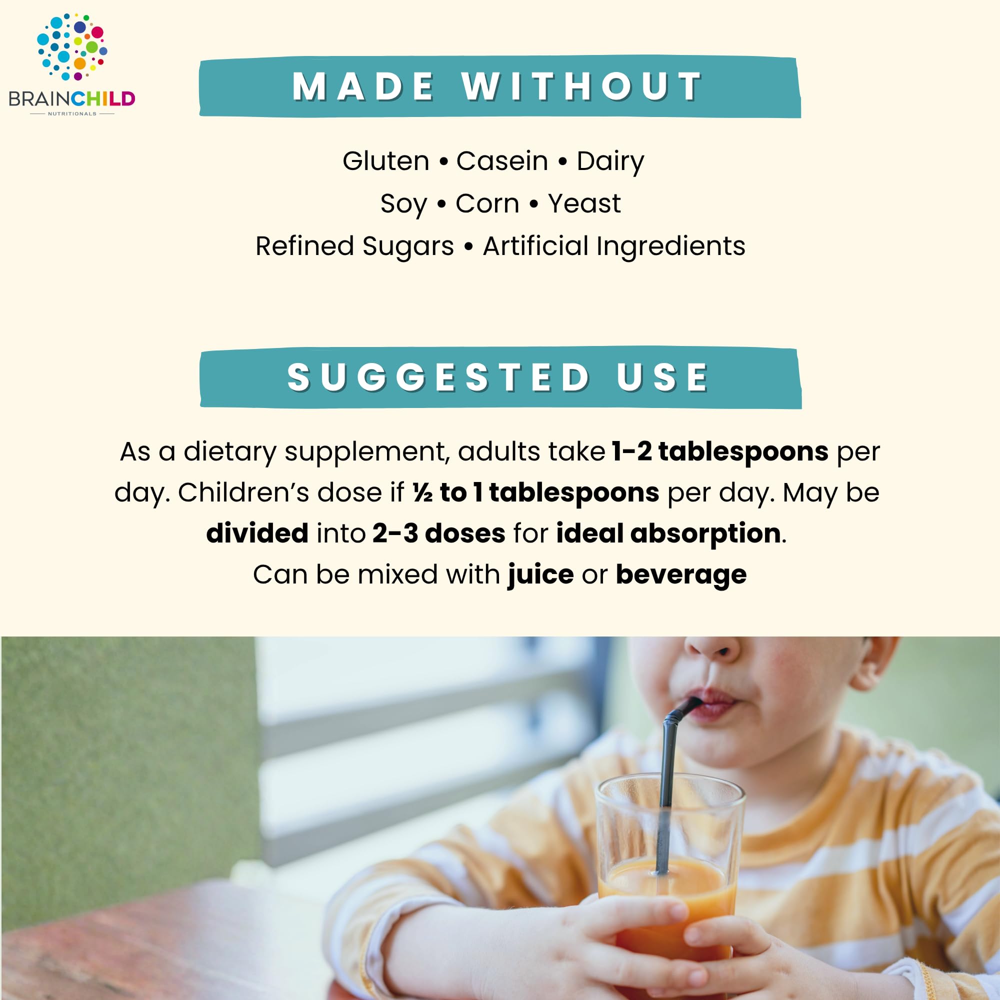 BrainChild Liqui-C Complete gluten-free label reinforces suitability for sensitive diets.