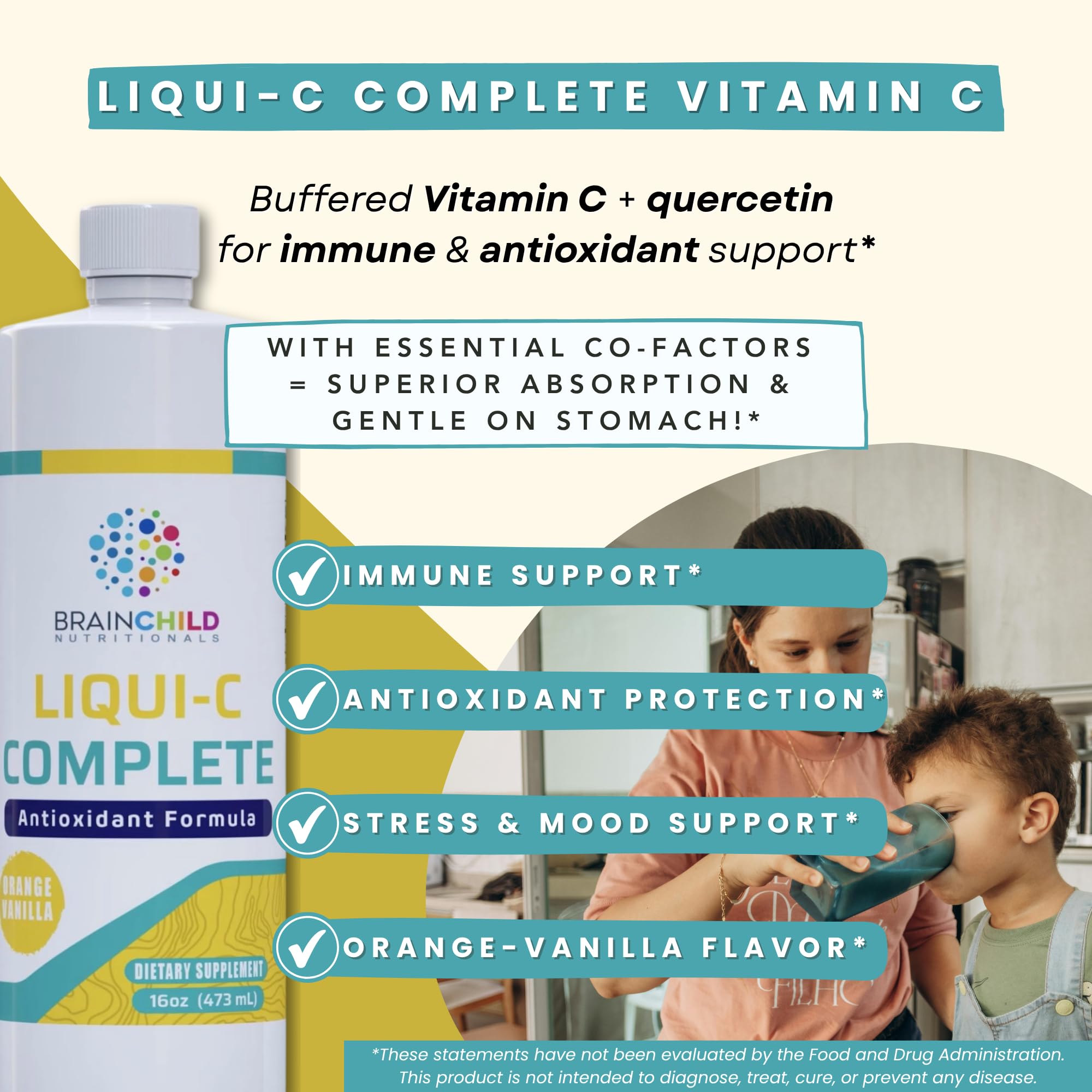 BrainChild Liqui-C Complete label close-up highlights buffered vitamin C with quercetin.
