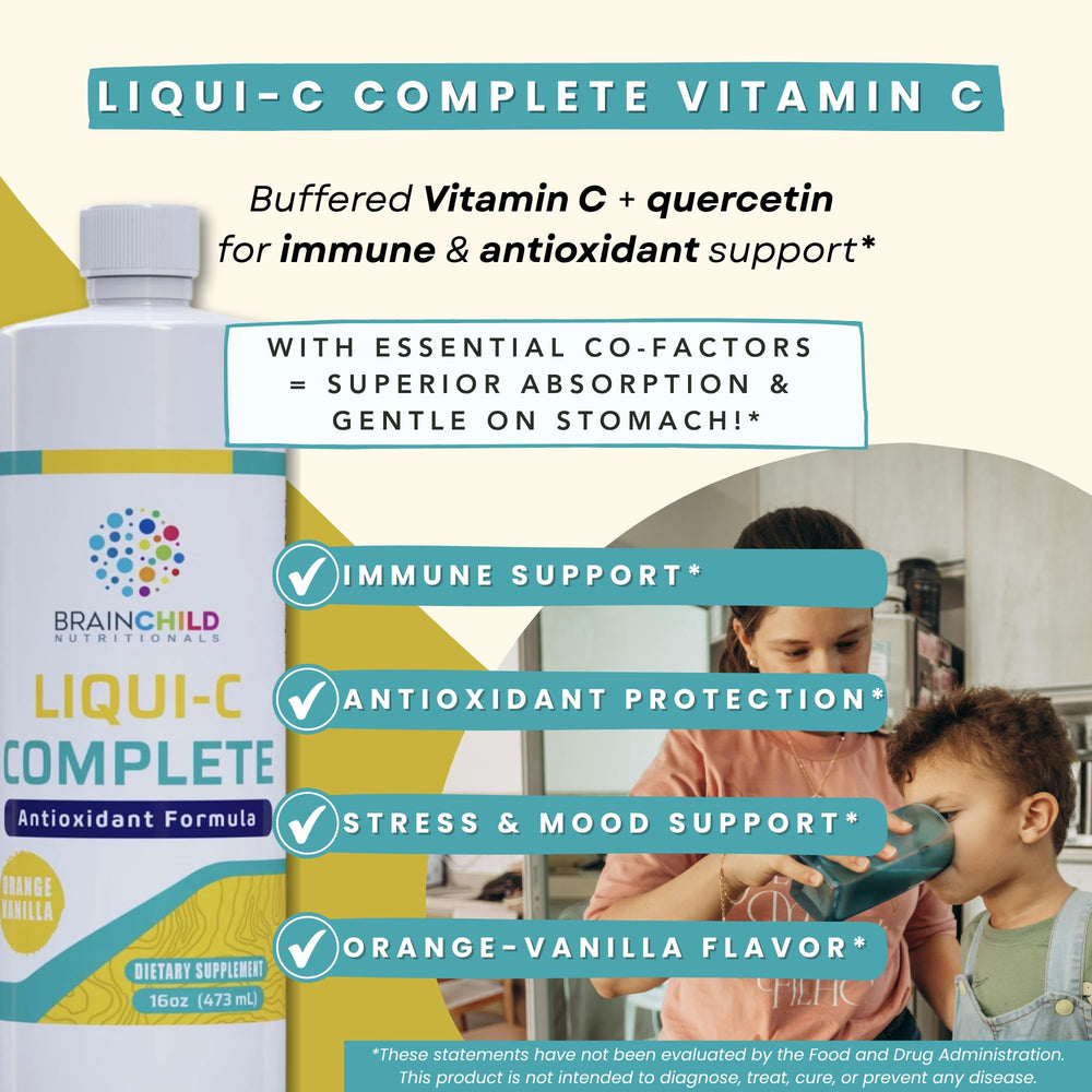 BrainChild Liqui-C Complete label close-up highlights buffered vitamin C with quercetin.