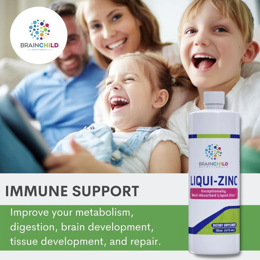 BrainChild LiquiZinc bottle back label with ingredients and directions