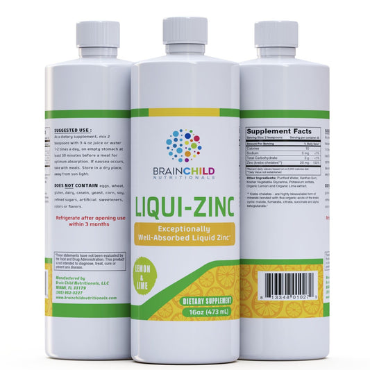 BrainChild LiquiZinc bottle with lemon-lime flavor for easy immune-support mixing into juice