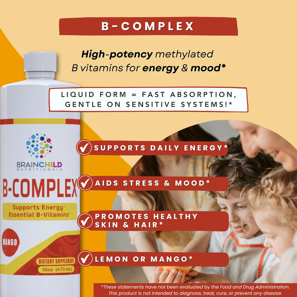 BrainChild Nutritionals B-Complex Liquid dropper dispense enables precise dosing for sensitive users.