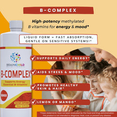 BrainChild Nutritionals B-Complex Liquid dropper dispense enables precise dosing for sensitive users.