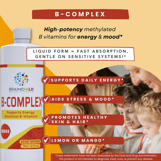 BrainChild B-Complex Liquid Lemon bottle showing vibrant flavor and mixability