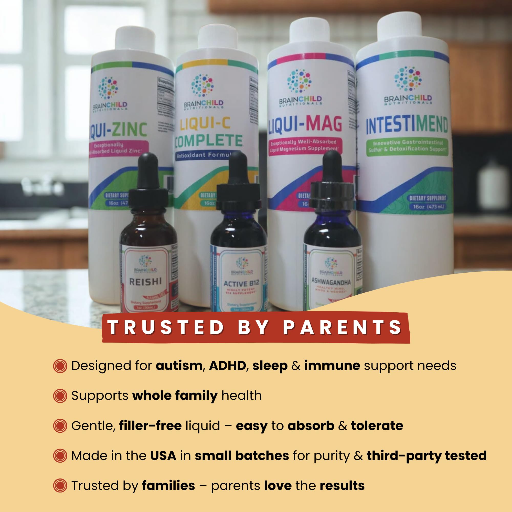 BrainChild Nutritionals B-Complex Liquid being mixed into water for convenient daily intake.