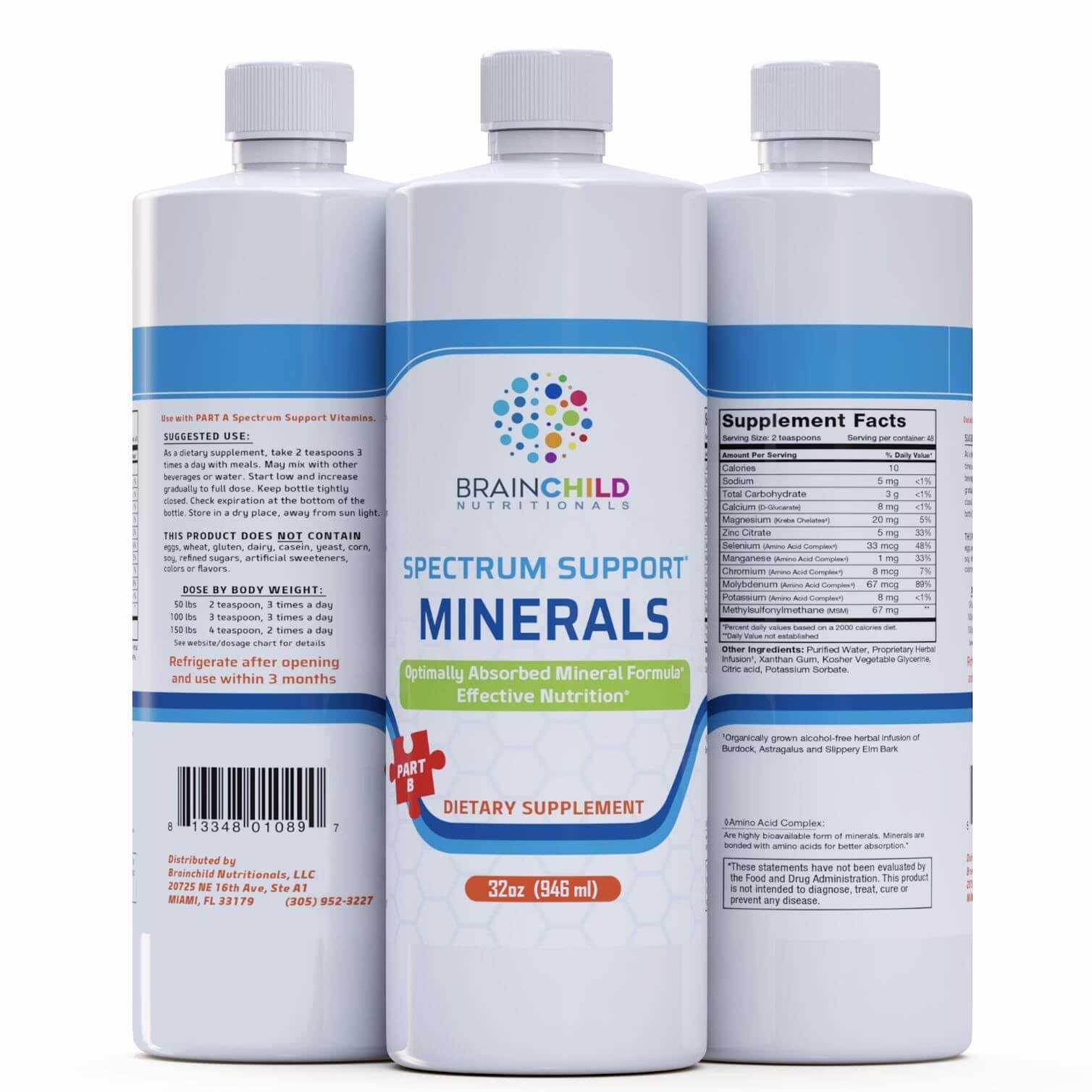 BrainChild Spectrum Support Minerals bottle with sensory-friendly, unflavored formula for daily use.