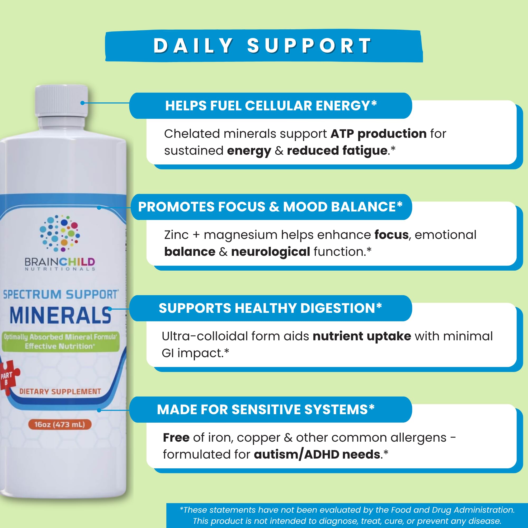 BrainChild Spectrum Support Minerals dropper in use, precise dosing for caregivers.