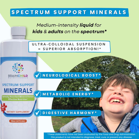 BrainChild Spectrum Support Minerals label closeup highlighting unflavored formula for picky eaters.