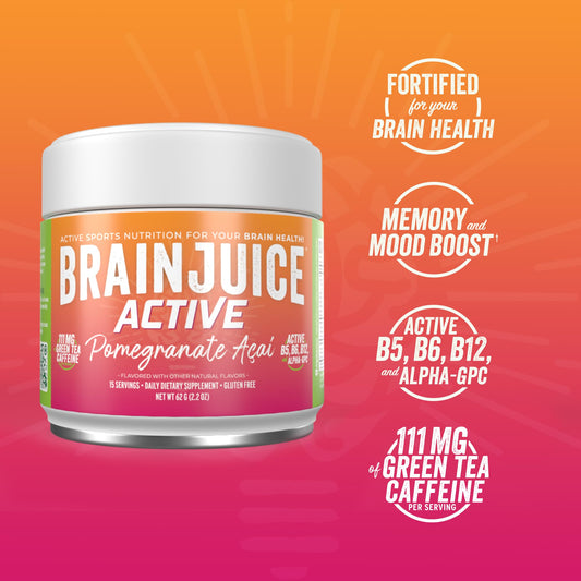 Pouring BrainJuice Active Pomegranate Acai into a glass for easy mixing