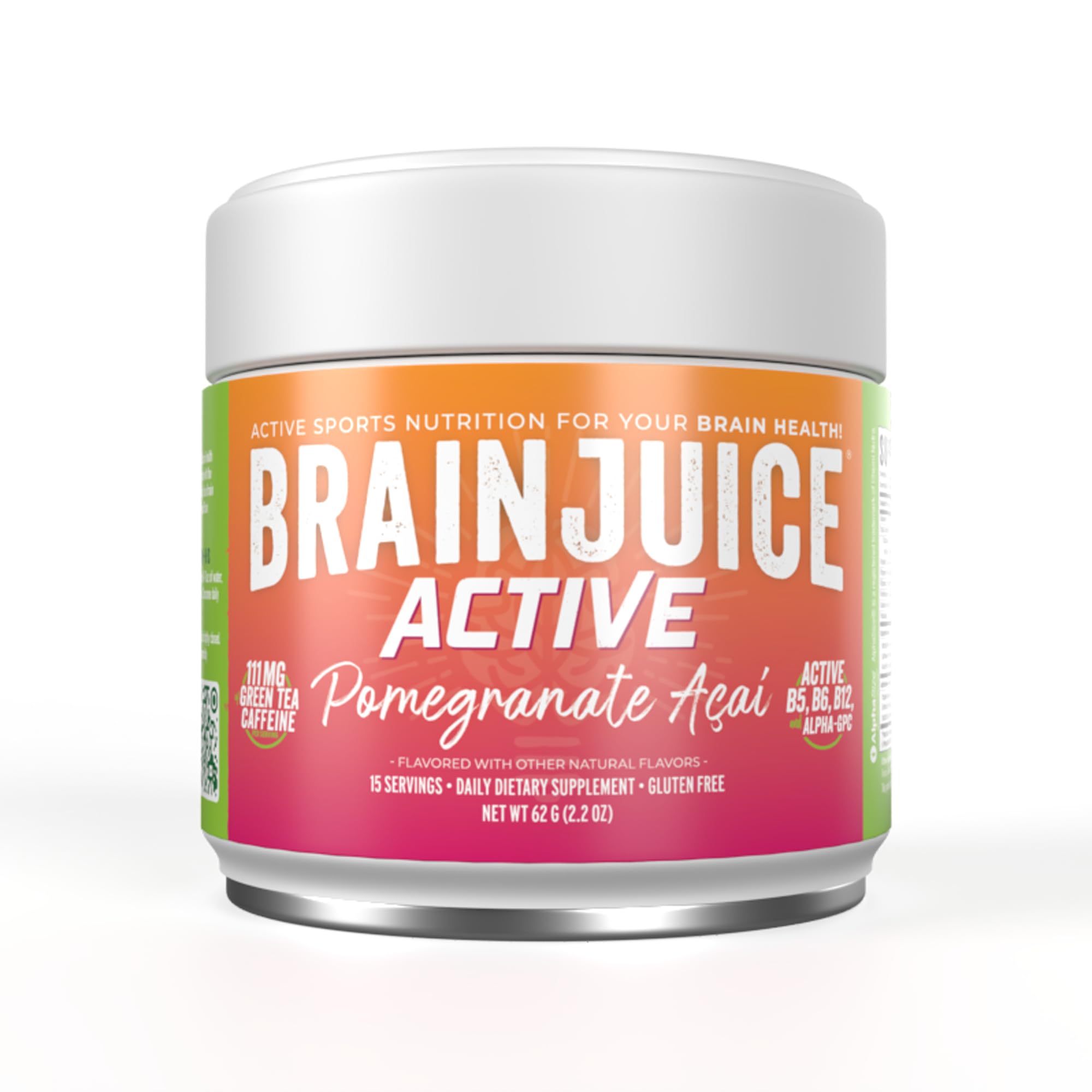 BrainJuice Active Pomegranate Acai tub label showing premium brain support benefits