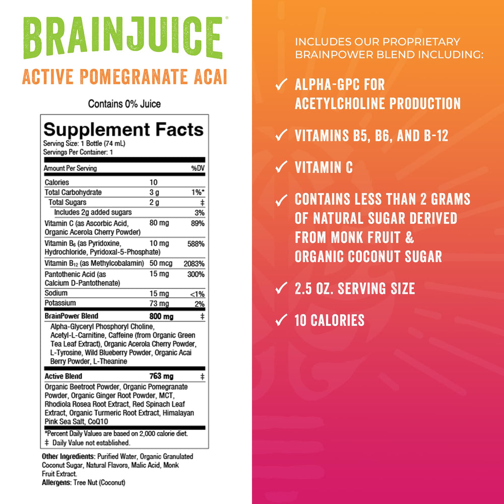 BrainJuice Active Shot Ingredients Alpha GPC and L-Theanine for clarity