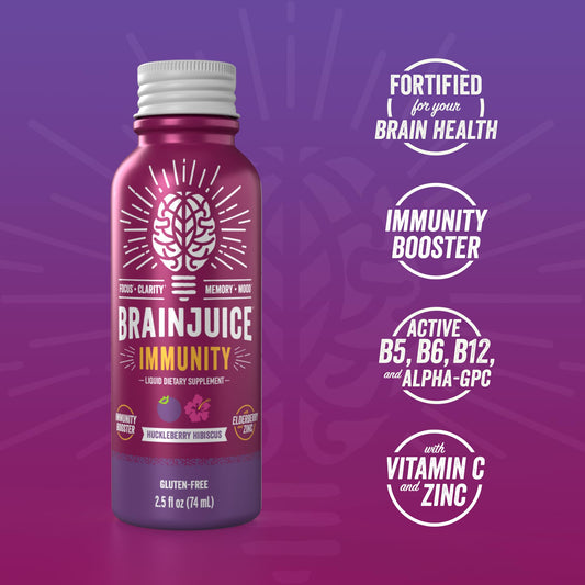 BrainJuice brain energy shot pouring, emphasizing quick focus on the go