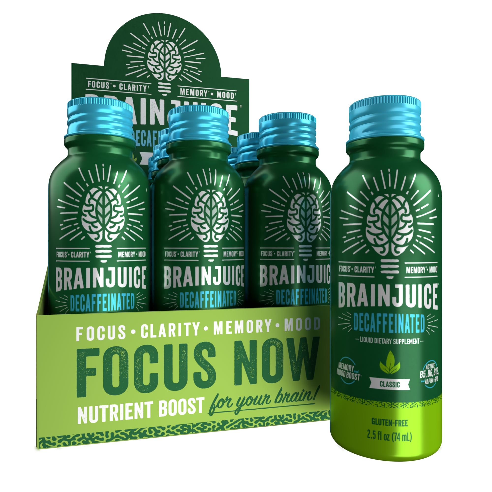 BrainJuice Decaf Brain Shot bottle with berry flavor for daily focus.