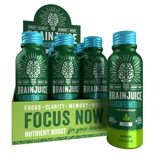 BrainJuice Decaf Brain Shot bottle with berry flavor for daily focus.