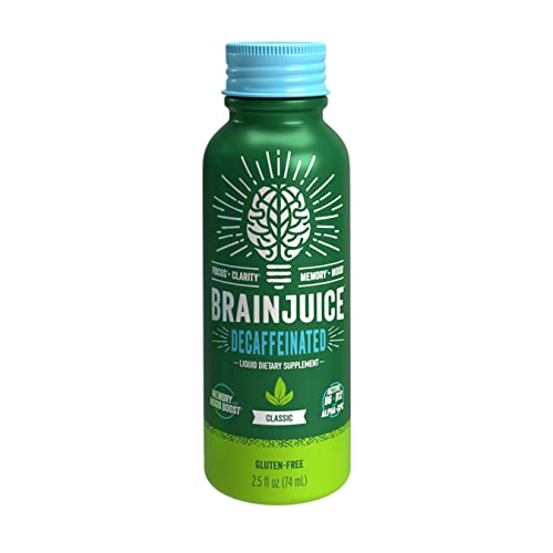 BrainJuice Decaf Brain Shot 12-pack on the counter for convenient use.