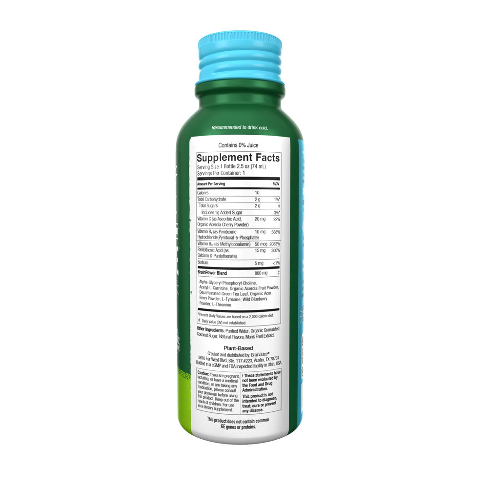 BrainJuice Decaf Brain Shot recyclable aluminum packaging for sustainability.