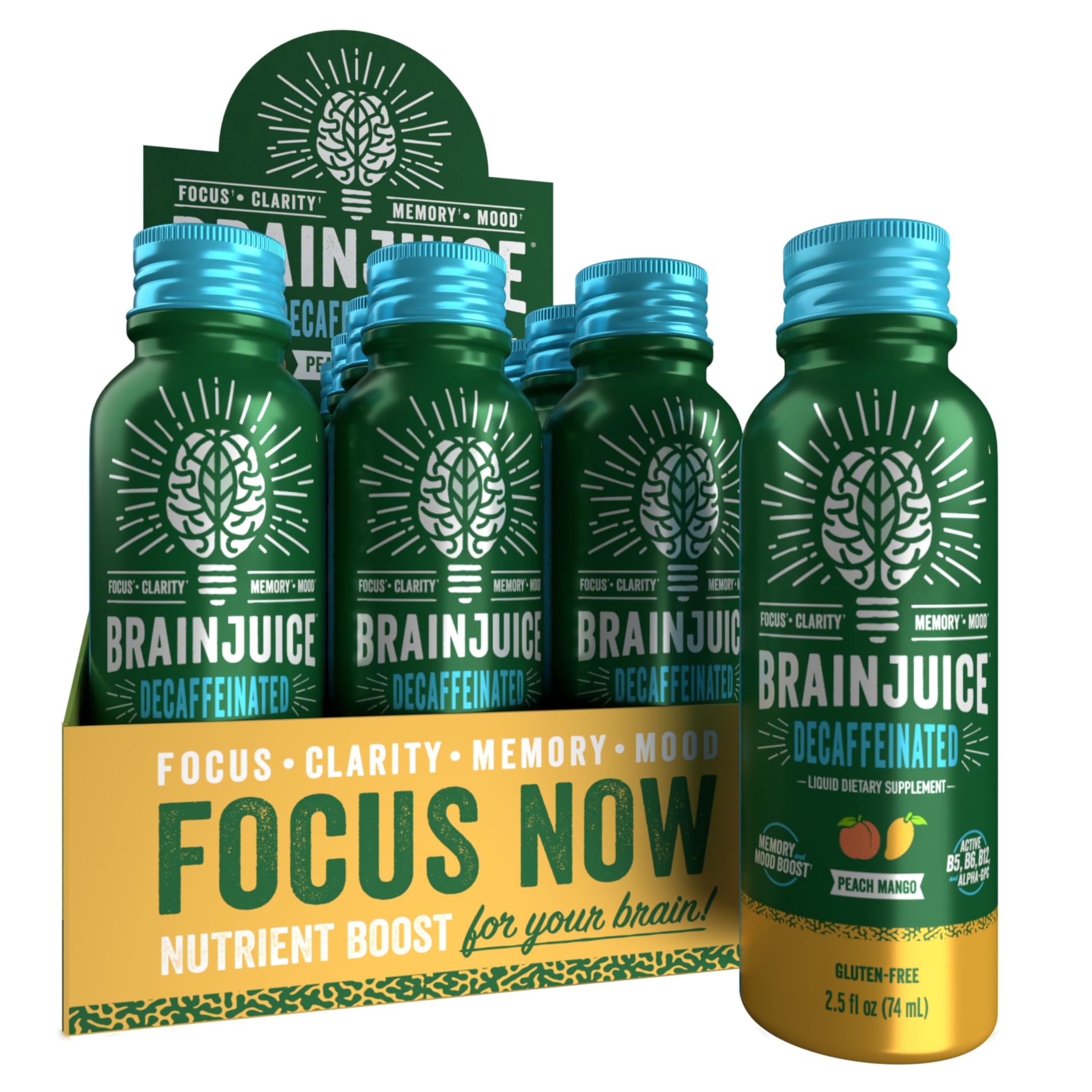 BrainJuice Decaf Brain Support Shot bottle for focused daytime use.