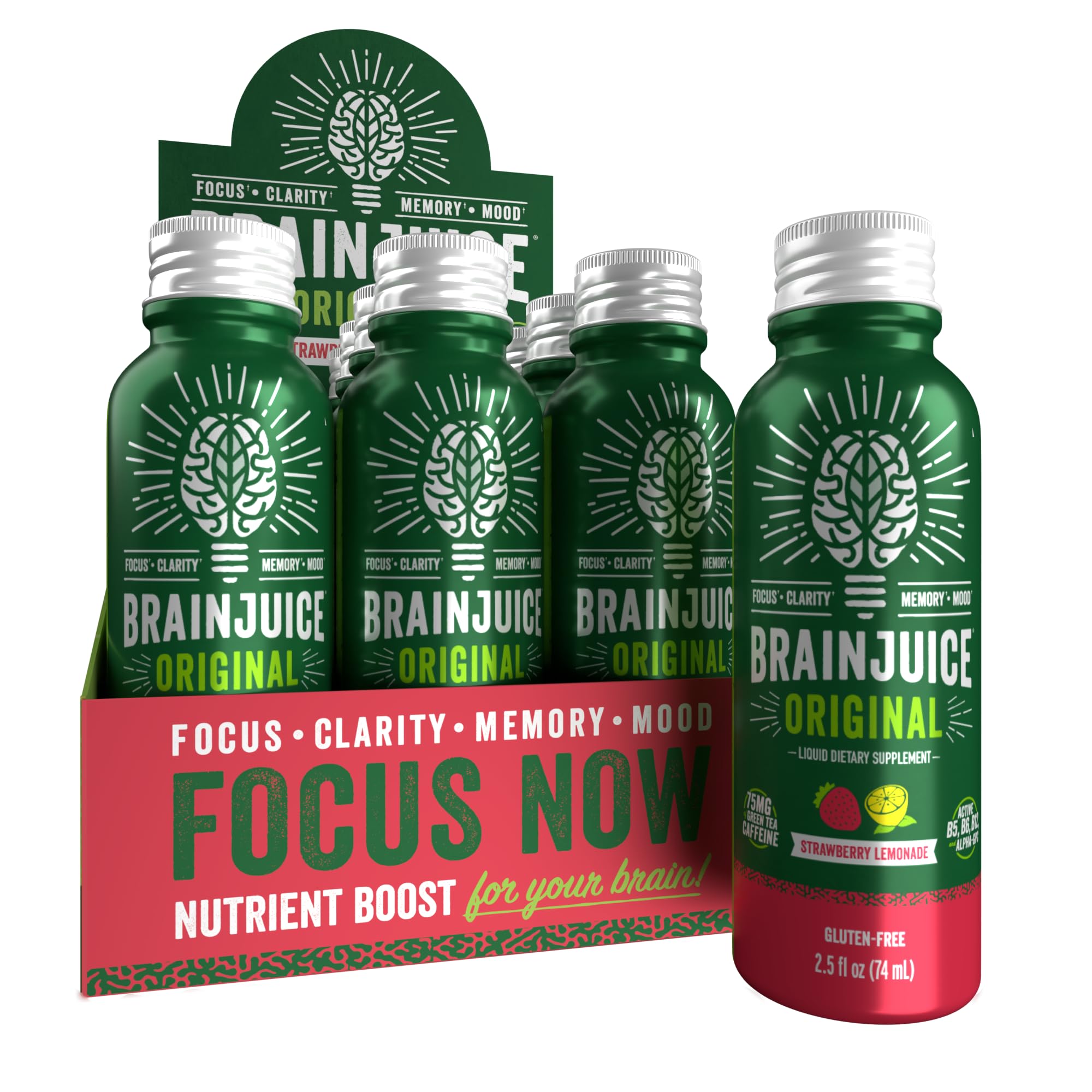 BrainJuice Energy & Focus Shot front view bottle with sleek label for focus support.