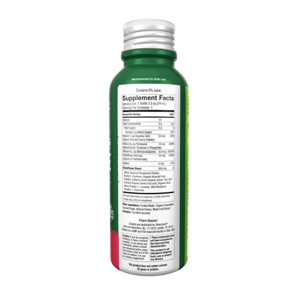 BrainJuice Energy & Focus Shot label close-up highlights Alpha-GPC and green tea ingredients.