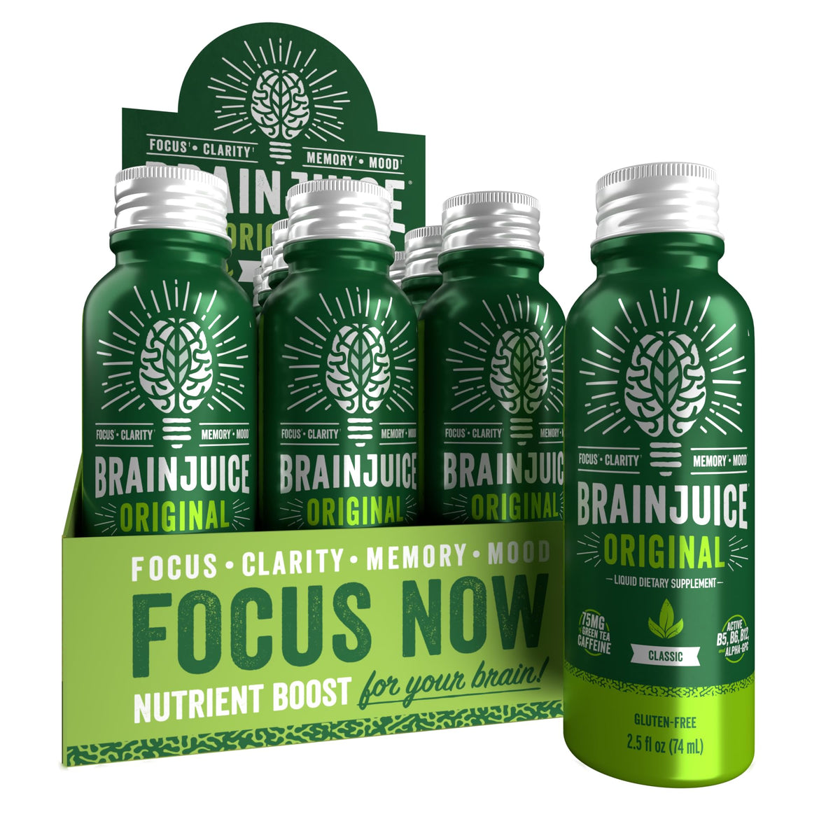 BrainJuice Focus bottle pouring, highlighting fast-acting focus support.