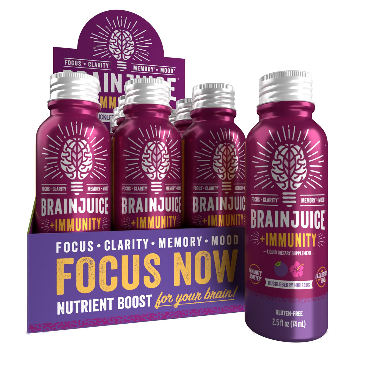 BrainJuice Immunity Shot bottle closeup highlighting on-the-go daily energy