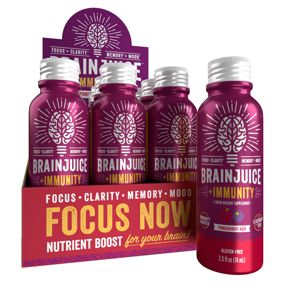 BrainJuice Immunity Shot bottle showing vitamin blend for daily focus.