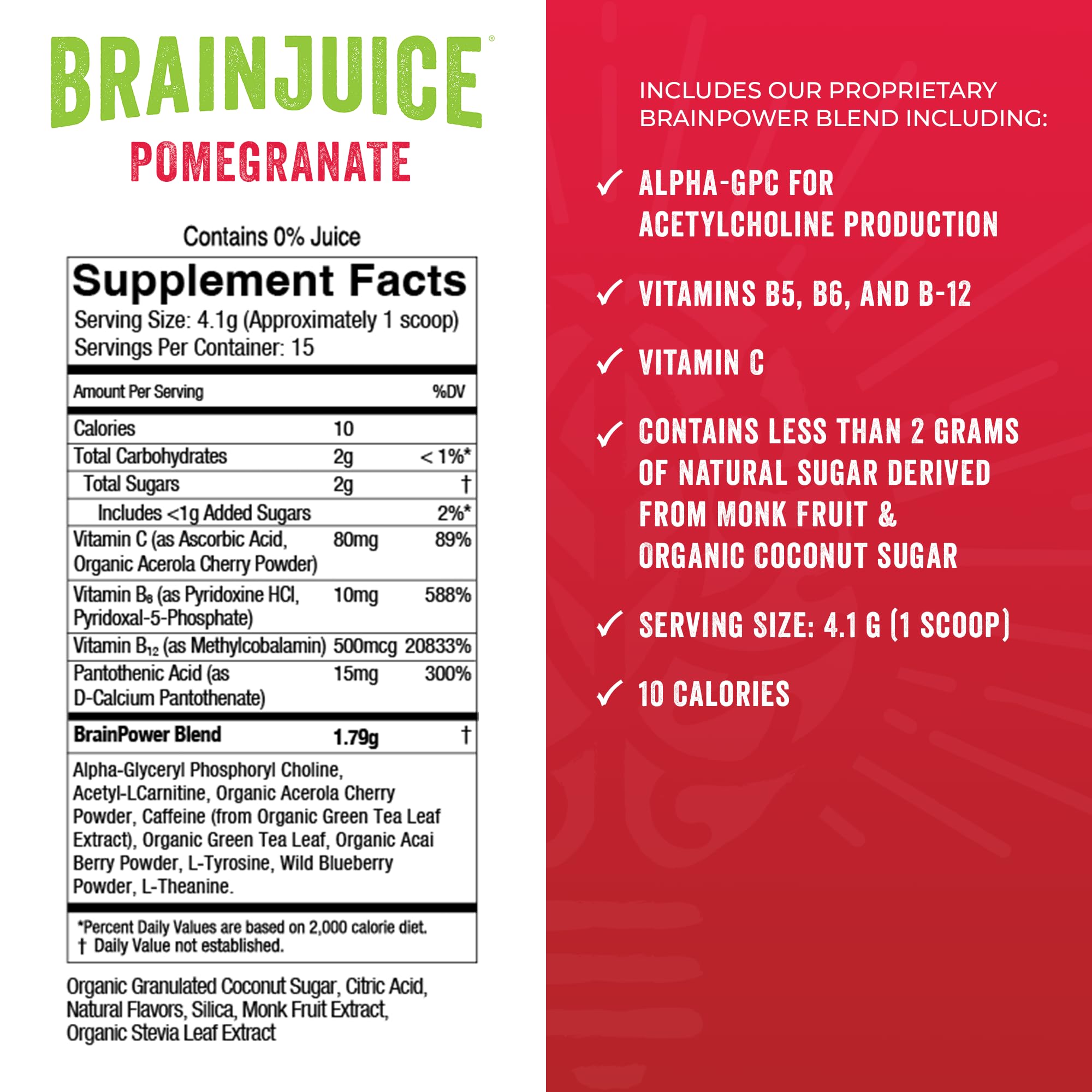 BrainJuice ingredients like alpha-GPC and L-theanine highlighted for focus.